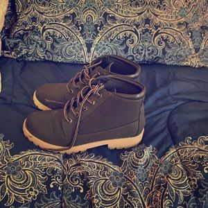 dark blue shirt combat looking booties